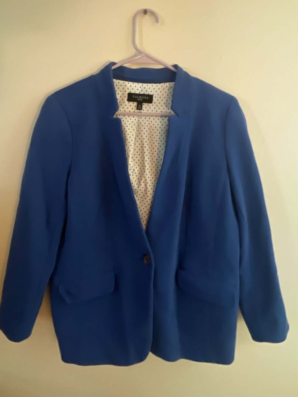 Talbots Petite Blue Knit Blazer Jacket Size 16P Polka Dot Lining